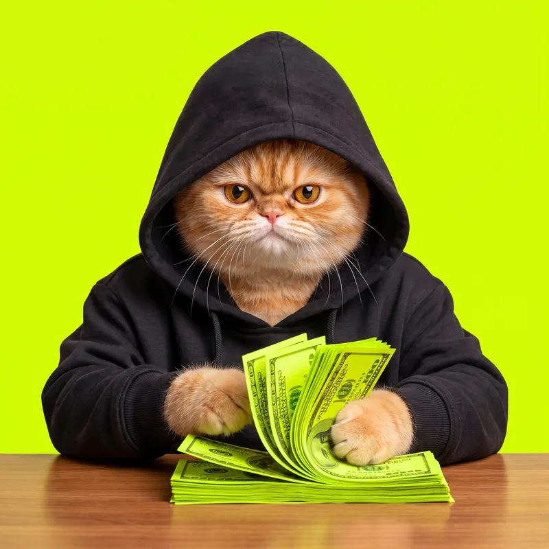 The cat counting a stack of lime-green bills