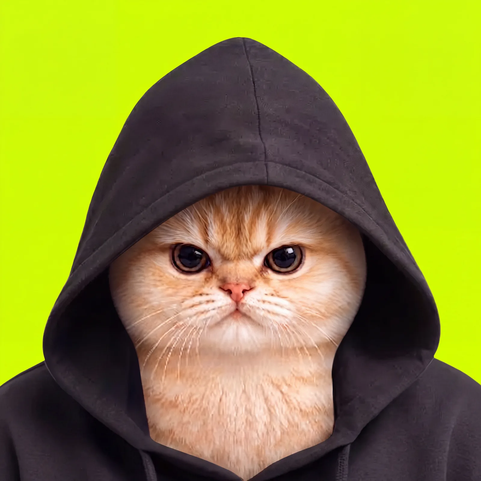 An orange cat wearing a black hoodie, staring you down
