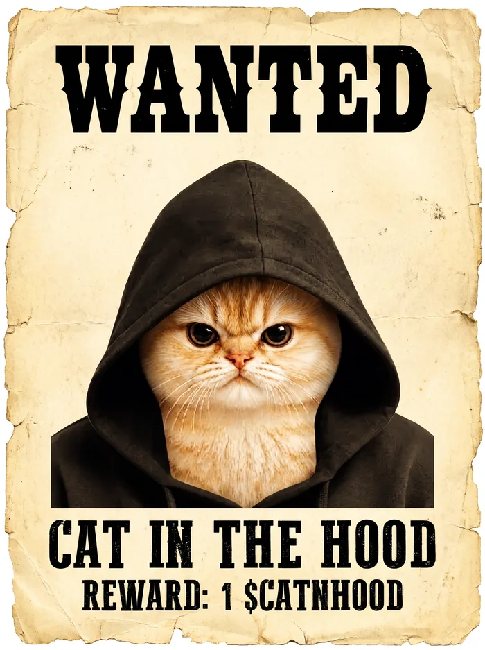 Vintage wanted poster of the cat in the hood — reward: 1 $CATNHOOD